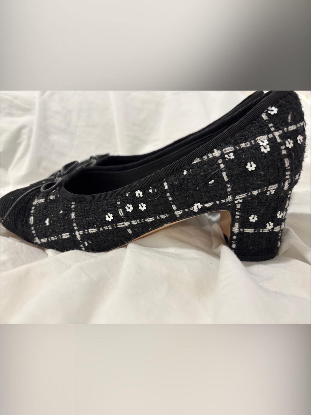 CHANEL Black Tweed Low Block Heel Pumps with White Floral Accents